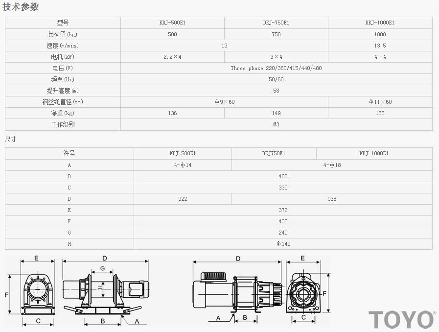 日本東洋TOYO KDJ-500E1-750E1-1000E1-10000E1電動卷揚機技術參數(shù)