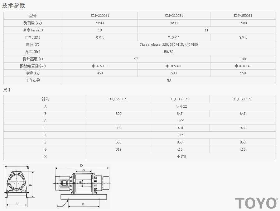 日本東洋TOYO KDJ-2200E1-3200E1-3500E1電動(dòng)卷?yè)P(yáng)機(jī)技術(shù)參數(shù)